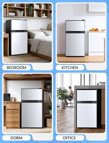 COWSAR 2.45 Cu.Ft Mini Fridge with Freezer, 2 Reversible Door Compact Office Refrigerator with 2 Removable Shelves, Energy Efficient Commercial Dorm Fridge for Bedroom, Office, Apartment, Silver