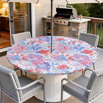 Outdoor Tablecloth with Umbrella Hole and Zipper Fits 53-60" Tables | Waterproof Round Fitted Tablecloth with Elastic Edge, Wipeable Outdoor Table Cover for Patio, Garden, Picnic