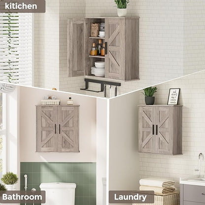 Homleke Bathroom Wall Cabinet, Over Toilet Storage Cabinet with Barn Doors and Adjustable Shelves, 3-Tier Medicine Cabinet Wall Mounted, for Bathroom, Kitchen, Entryway, Laundry Room, Greige, (7.9" D)