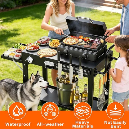 Portable Grill Table for Blackstone Griddle, Outdoor Grill Cart with Wheels, Griddle Stand Fit 17 Inch 22 Inch Ninja Griddle, Folding Table with Caddy for Outside Patio, Kitchen Cooking Prep Table
