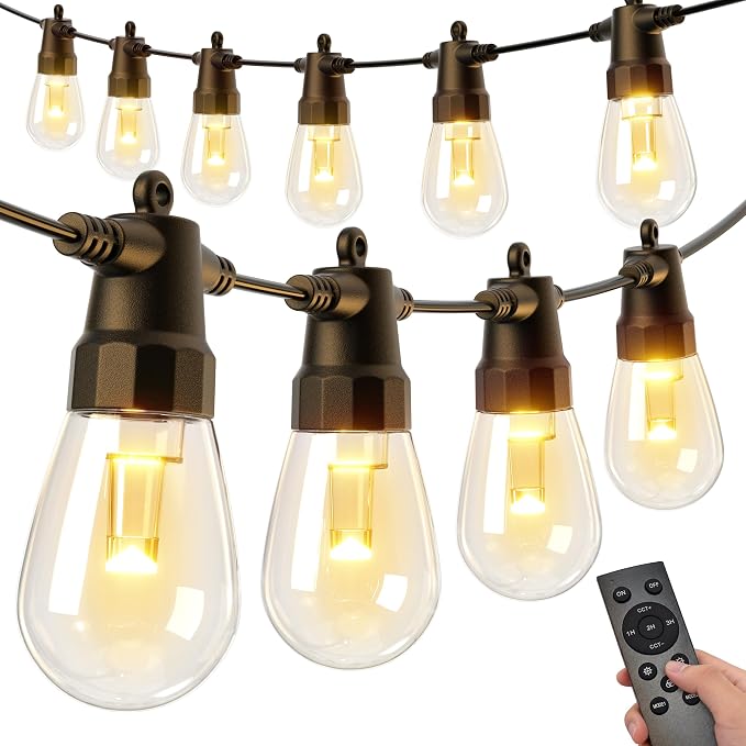 CAWWS Outdoor String Lights 50FT, Super Bright Warm White LED Patio Lights | 2700K Warm White, App & Remote Control, Dimmable, 20 Shatterproof LED Bulbs, IP67 Waterproof, Replaceable LED Chips