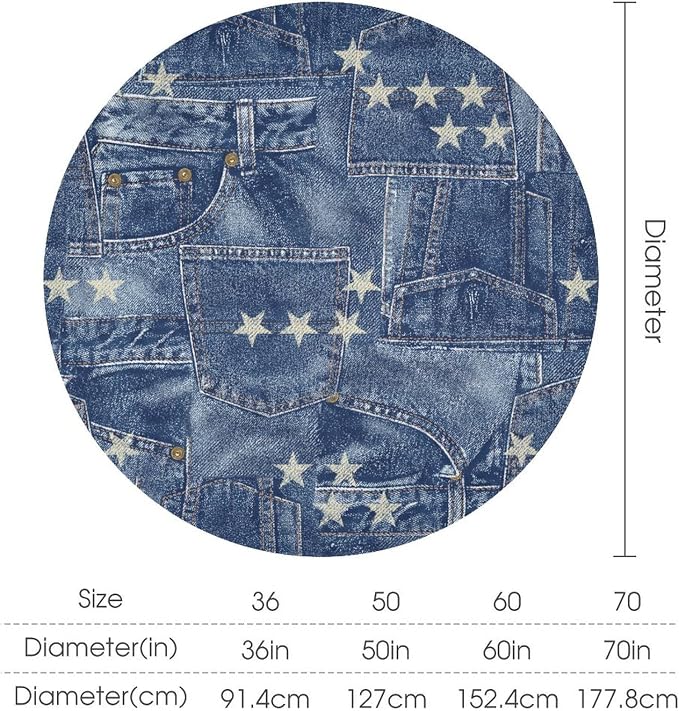 Denim Patchwork Style Round Tablecloth, Fashionable Blue Denim Jean Pocket Design Water Resistant Wipeable Table Cover for Farmhouse Picnic Party Holiday Kitchen Dinner Table 60"