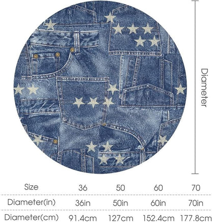 Denim Patchwork Style Round Tablecloth, Fashionable Blue Denim Jean Pocket Design Water Resistant Wipeable Table Cover for Farmhouse Picnic Party Holiday Kitchen Dinner Table 60"