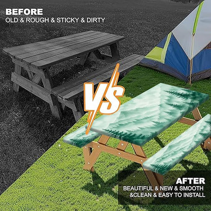 Picnic Table Cover with Bench Covers, Camping Essentials, Green Misty Forest Mountain Waterproof Fitted Outdoor Tablecloth with Elastic Rectangle Table Cloth Camping Accessories, 3 Pcs Set, 30x60 Inch