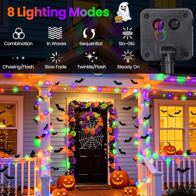 Halloween Lights Outdoor Solar String Lights Waterproof for Halloween Decorations, Total 100LED 45FT for Garden Yard Pathway Fence, Orange Purple Green 8 Modes 50LED x 2 Packs