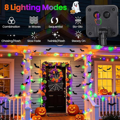 Halloween Lights Outdoor Solar String Lights Waterproof for Halloween Decorations, Total 100LED 45FT for Garden Yard Pathway Fence, Orange Purple Green 8 Modes 50LED x 2 Packs