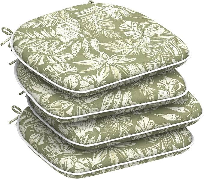 DYTXIII Set of 4 Outdoor Chair Cushions with Ties,Water Repellent Patio Chair Pads 17"x 16" for Outdoor Furniture,Round Corner Seat Cushions for Garden Yard Kitchen Tropical Leaf Green