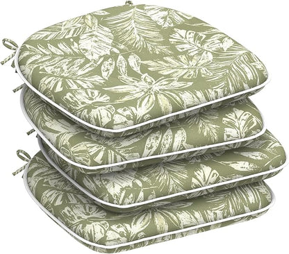 DYTXIII Set of 4 Outdoor Chair Cushions with Ties,Water Repellent Patio Chair Pads 17"x 16" for Outdoor Furniture,Round Corner Seat Cushions for Garden Yard Kitchen Tropical Leaf Green