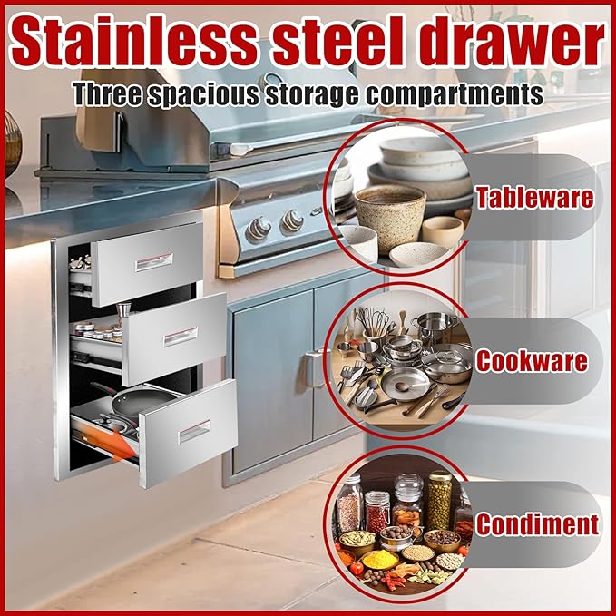 Outdoor Kitchen Triple Layer Drawer 16'' W x 21.6'' H x 18'' D Flush Mount BBQ Access Drawers Stainless Steel BBQ Island Drawers with Handle Suitable for Outdoor Kitchen Island Grill Station