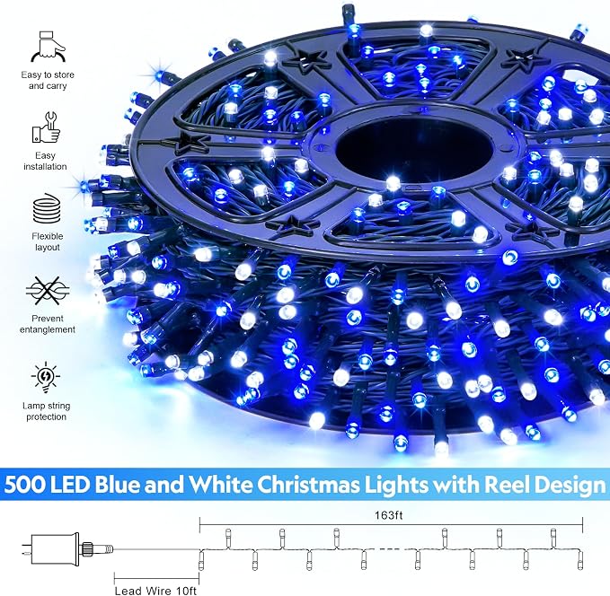 JMEXSUSS 500 LED Blue and White Christmas Lights with Remote Plug in | 173ft 8 Modes LED Christmas Lights Indoor, Waterproof Christmas Twinkle Lights for Tree Holiday Xmas Decorations