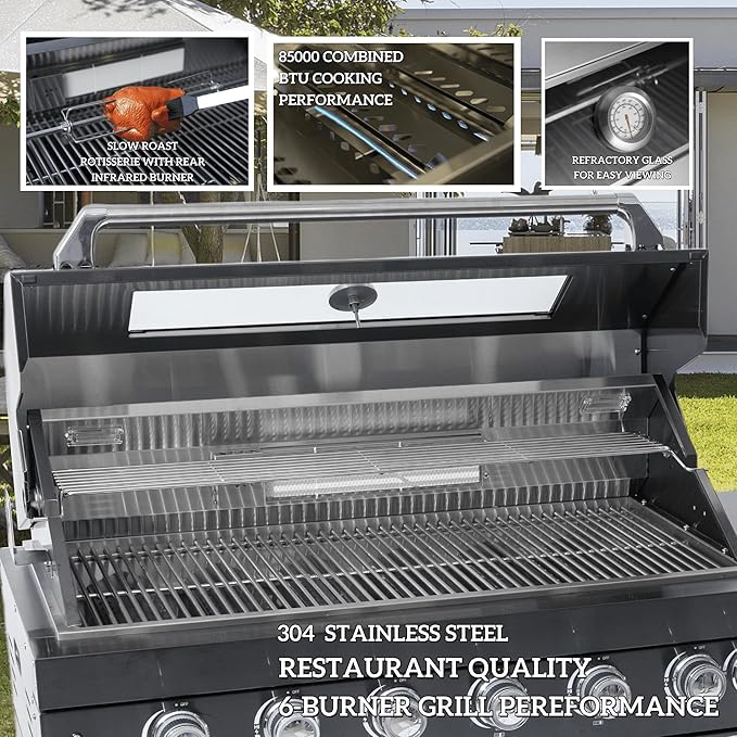 94-Inch 6-Burner 85000 BTU Stainless Steel Natural Gas Grill Outdoor Kitchen Island with Canopy,684Sq.In Cooking Area,Wine Cooler,Refrigerator,Rotisserie,For Backyard BBQ,Black