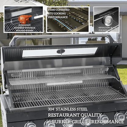 94-Inch 6-Burner 85000 BTU Stainless Steel Natural Gas Grill Outdoor Kitchen Island with Canopy,684Sq.In Cooking Area,Wine Cooler,Refrigerator,Rotisserie,For Backyard BBQ,Black