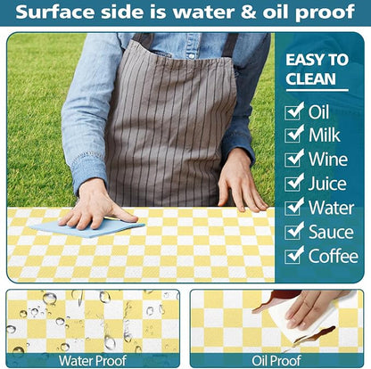 Picnic Table Cover with Bench Covers and Bag, Yellow White Checkered Gingham Buffalo Plaid Camping Tablecloth Waterproof Windproof Elastic Edges Fitted Tablecloths for Outdoor Garden 3PCS 30x96 Inch