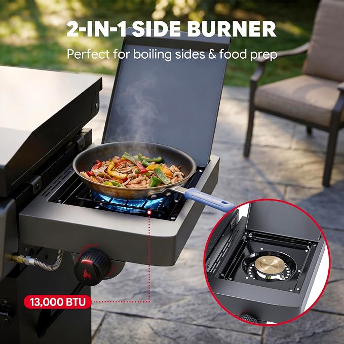 FEASTO 36" 4-Burner Propane Gas Griddle with Side Burner and Cabinet | 50,000 BTU, 720 Sq. In., Outdoor Flat Top Grill with Disposable Foil Liners for Patio, Backyard, BBQ Party, Black