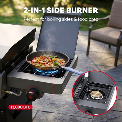 FEASTO 36" 4-Burner Propane Gas Griddle with Side Burner and Cabinet | 50,000 BTU, 720 Sq. In., Outdoor Flat Top Grill with Disposable Foil Liners for Patio, Backyard, BBQ Party, Black