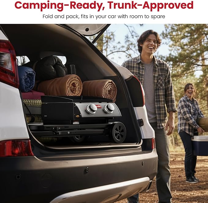 Laudlife Portable Propane Gas Griddle with Collapsible Stand, Non-Stick Enameled Cast Iron, 342 SQ.IN Cooking Space, 2 Burners Flat Top Griddles for Camping, Tailgating, Outdoor Cooking