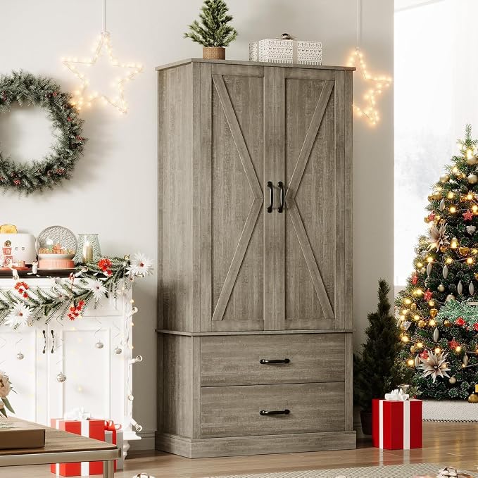 GarveeHome Kitchen Pantry Cabinet, Farmhouse Storage Cabinet with Barn Doors, Drawers and Adjustable Shelves, Versatile Storage for Kitchen, Dining Room, Grey