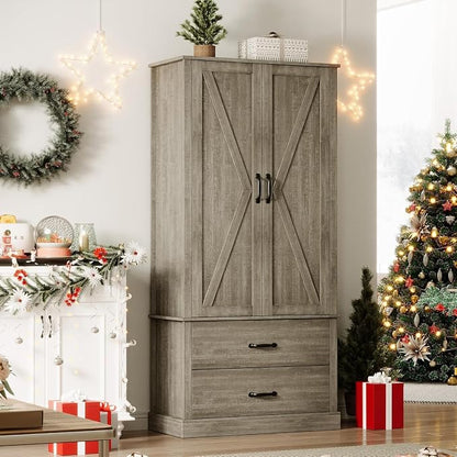 GarveeHome Kitchen Pantry Cabinet, Farmhouse Storage Cabinet with Barn Doors, Drawers and Adjustable Shelves, Versatile Storage for Kitchen, Dining Room, Grey
