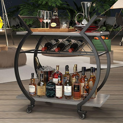 LVB Bar Carts for the Home, Industrial Wine Cart with Storage, Grey Oak | Modern Bar Cart with Wine Rack, Beverage Rolling Kitchen Serving Cart, Wooden Microwave Drink Liquor Cart for Dining Room
