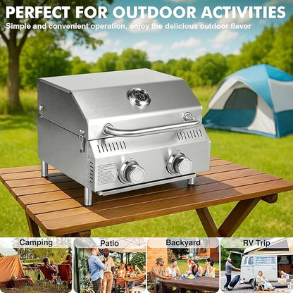 Llamaviva Tabletop Propane Gas Grill, 2 Burner 20,000 BTU Stainless Steel Portable BBQ Grill, Compact Outdoor Grill for Camping, RV, Patio, Tailgating, Picnic, Backyard Cooking