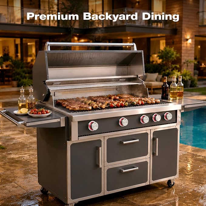 NG 4 Cast Burners Outdoor Kitchen Grill Island, 99,000 BTU, Grey Painting