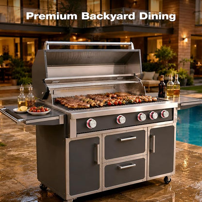 NG 4 Cast Burners Outdoor Kitchen Grill Island, 99,000 BTU, Grey Painting