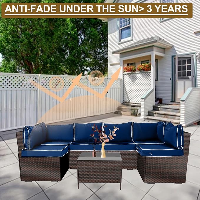 14 Piece Outdoor Patio Cushion Cover Replacement, Waterproof Patio Cushion Covers, Outdoor Furniture Cushion Covers Set for 6 Seat Wicker Rattan Sofa (Blue+White Side)