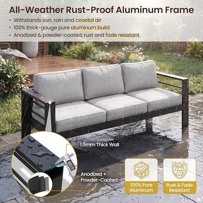 Kiss the Water Aluminum Patio Sofa, 2 PCS Light Grey Outdoor Couch | All-weather rust-proof aluminum frame with 5" thick olefin cushions, ideal for patio, backyard, or porch. Modern design.