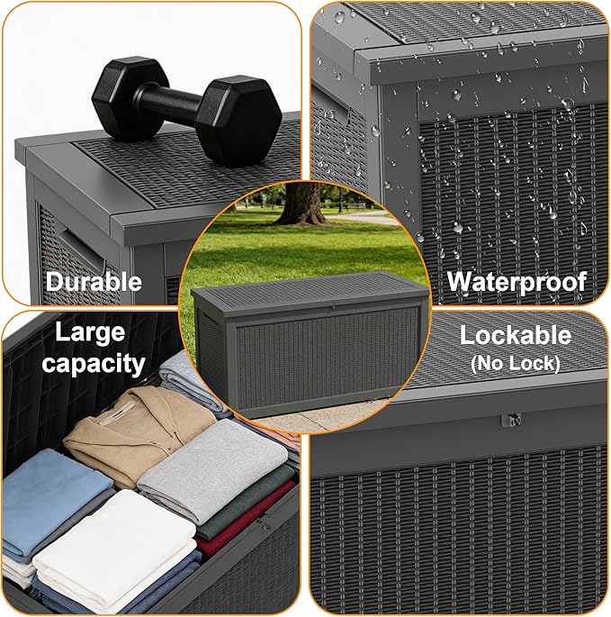 ROJIK 320 Gallon Deck Box Outdoor Waterproof,Weatherproof Outdoor Storage Boxes Lockable with Lid,Outside Resin Storage Bench for Patio Cushions,Garden Tools and Pool Accessories(Black)