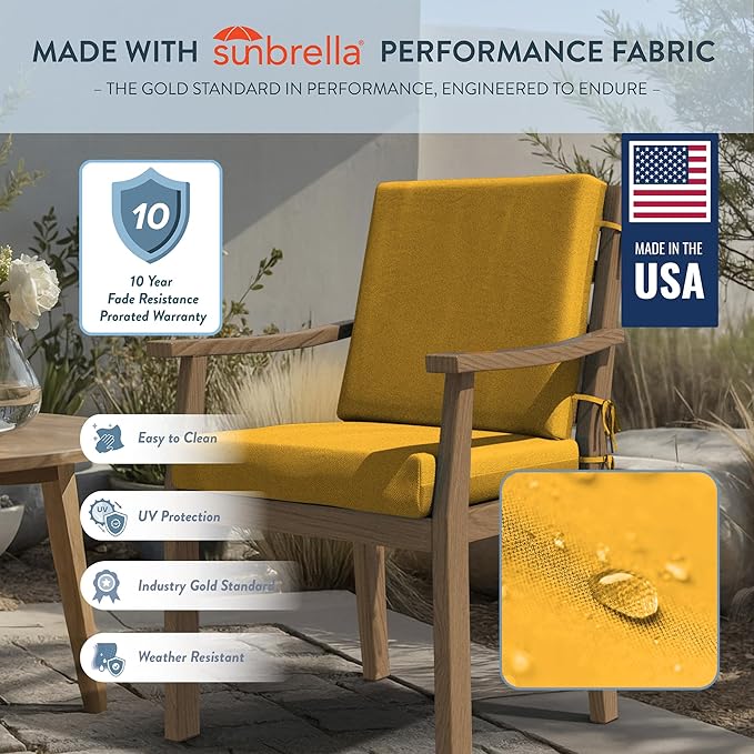California Umbrella Outdoor Dining Chair, Patio Seat Cushion, 20 x 40 Inch, Premium Outdoor Memory Foam, Fade Resistant Sunbrella Fabric, Fabric Ties,Sunflower Yellow