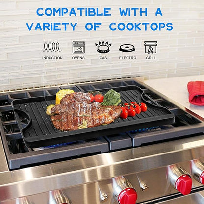 GGC Cast Iron Reversible Griddle, 2-in-1 Griddle Pan for Gas Stove Tops, Gas Grills and Camping, 20 x 10.5 Flat and Ribbed Griddle Plate for Indoor and Outdoor Cooking