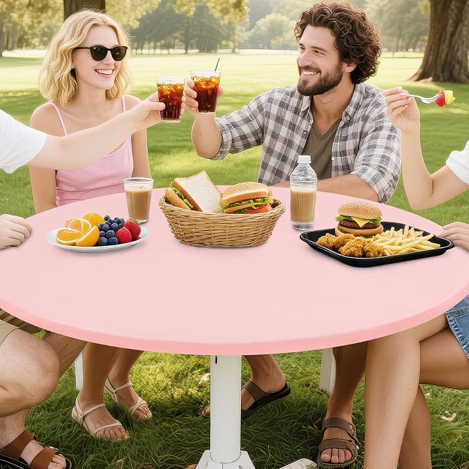 Smiry Round Spandex Tablecloth, Elastic Fitted Washable Tablecloths for 57"-68" Tables, Waterpoof Stretch Picnic Table Cover for Dining, Indoor and Outdoor, Pink