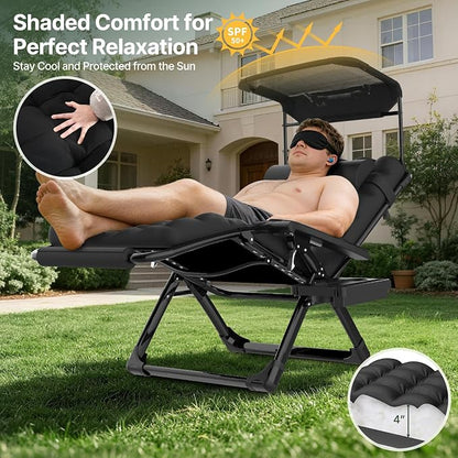 Suteck Zero Gravity Chair with Canopy, 29In XL Oversized Lounge Chairs | w/Removable Cushion&Headrest, Upgraded Lock and Footrest, Folding Reclining Patio Chairs Recliner for Indoor Outdoor