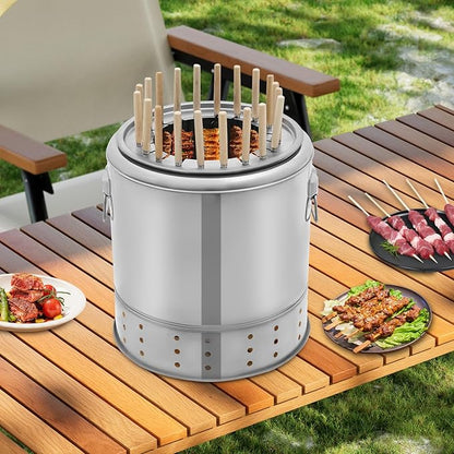 Charcoal Barrel BBQ Grill, Stainless Steel BBQ Hanging Stove, Portable BBQ Grill Mesh Barrel with Grilling Accessories Set for Vegetables and Meat Carbon Vertical Barbecue (20 Skewers)
