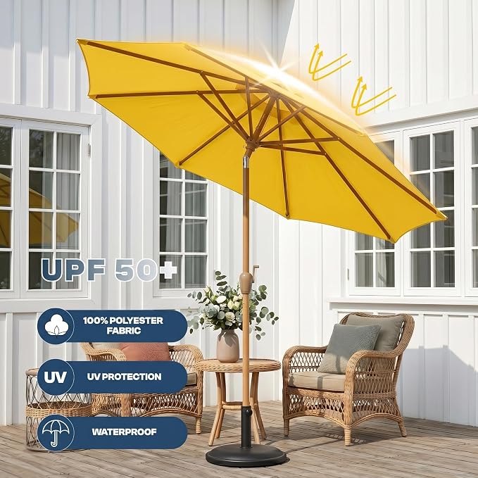 9ft Outdoor Patio Umbrella, Market Table Umbrella with Crank and Easy Push Button Tilt, Wood Grain Frame, UPF 50+ for Pool, Garden, Deck, Backyard
