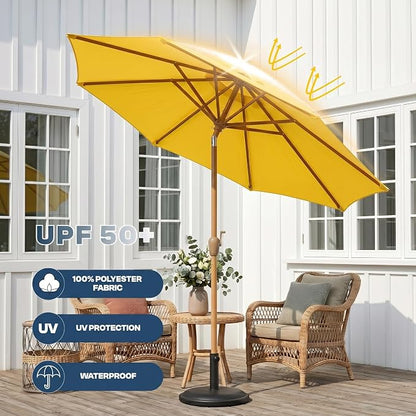 9ft Outdoor Patio Umbrella, Market Table Umbrella with Crank and Easy Push Button Tilt, Wood Grain Frame, UPF 50+ for Pool, Garden, Deck, Backyard
