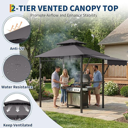 8x5 ft Grill Gazebo, Double Tired Outdoor Patio Canopy Tent with Side Awning Shelves, 4 LED Lights,10 Hooks & Bottle Opener,Heavy Duty Steel Frame Grilling Canopy for Patio Backyard Garden Picnic,Grey
