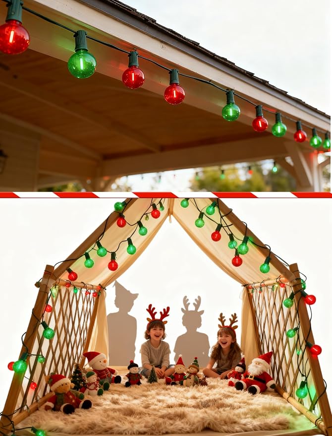 GOOTHY 50Ft Outdoor Red/Green Christmas Lights, G40 Globe Patio String Light with 25 Shatterproof Bulbs(2 Spare), Outside Christmas Lights for Holiday Party Backyard