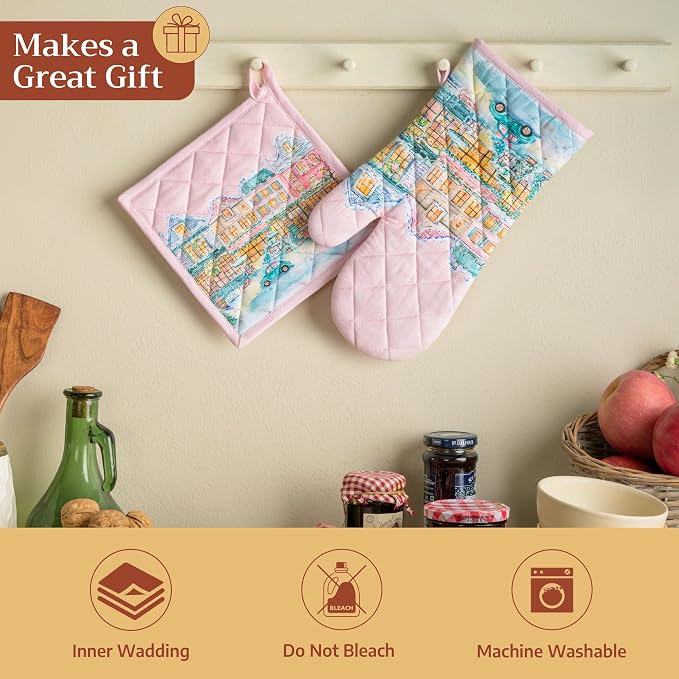 Maison d' Hermine Pot Holders 100% Cotton Potholders (8" x 8", Pack of 2) | Heat Resistant Hot Pads with Loop BBQ Cooking Kitchen Handling Hot Pans Thanksgiving Christmas - Christmas Market - Pink