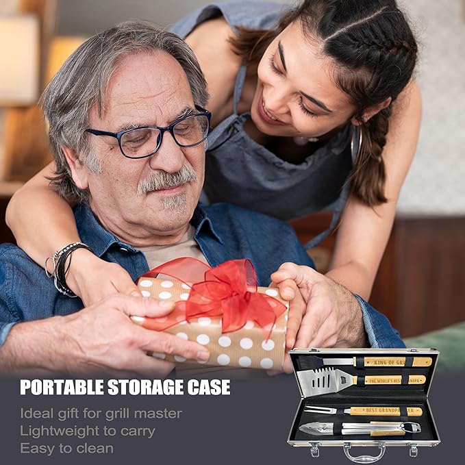 Grandpa Gifts from Grandkids Fathers Day, Grandpa Gift Heavy Duty Wooden BBQ Grilling Accessories Kit for Backyard, Thick Stainless Steel Grill Utensils with Non-Slip Handle Tools in Portable Bag