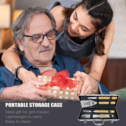 Grandpa Gifts from Grandkids Fathers Day, Grandpa Gift Heavy Duty Wooden BBQ Grilling Accessories Kit for Backyard, Thick Stainless Steel Grill Utensils with Non-Slip Handle Tools in Portable Bag
