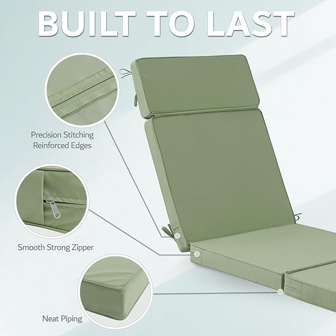 80 x 26 Inch Outdoor Chaise Lounge Cushions Set of 4 - Removable Cover, 4-Section Design, Water-Repellent & Fade-Resistant, 6 Tie Straps, Replacement for Patio & Pool Chairs - Sage Green