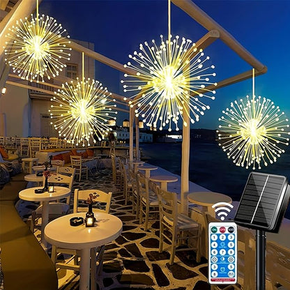 GTSYDING 5 Pack Solar Firework Lights, 450 LED 8 Modes Dimmable Waterproof Hanging DIY Starburst Fairy Lights with Remote Timer for Garden Indoor Outdoor Decoration (Warm White, 450)