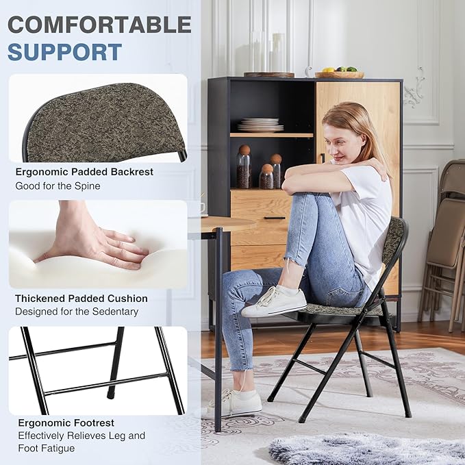 DUMOS 8 Pack Folding Chairs with Padded Cushion and Back - Fabric Stackable Portable Dining Chairs Set, for Home and Office, Conference, Wedding, Party, Patio, Garden, for Indoor Outdoor, Black Grey