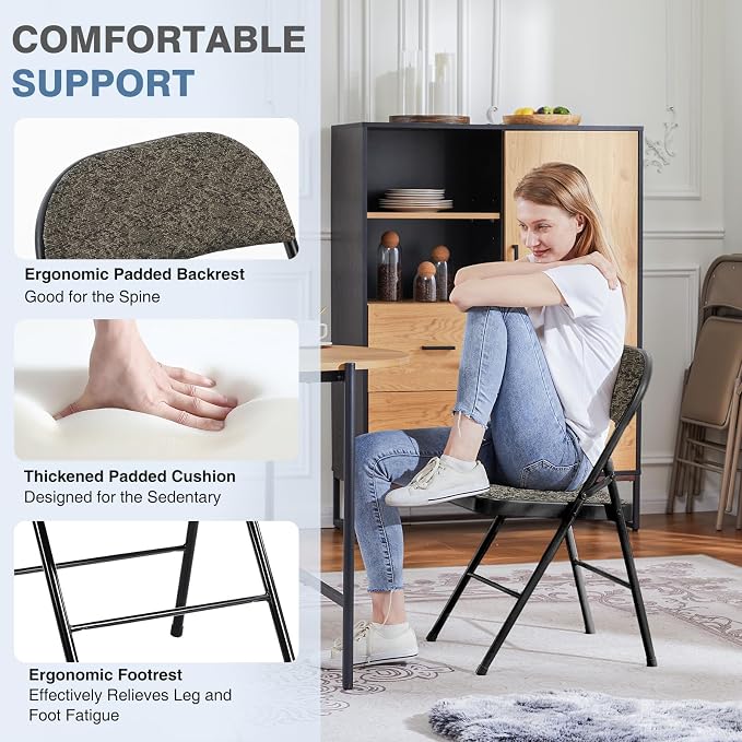 DUMOS 10 Pack Folding Chairs with Padded Cushion and Back - Fabric Stackable Portable Dining Chairs Set, for Home and Office, Conference, Wedding, Party, Patio, Garden, for Indoor Outdoor, Black Grey
