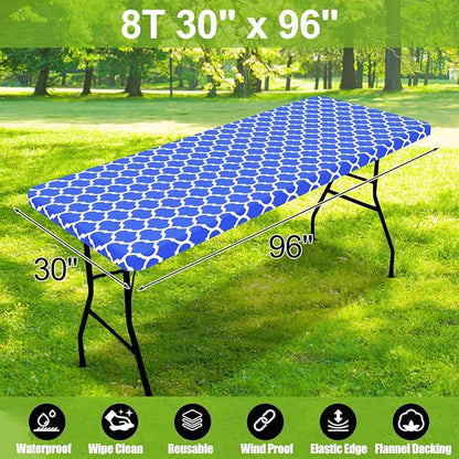 Smiry Picnic Fitted Table Cover, 8 Foot Flannel Backed Vinyl Tablecloth | Waterproof Elastic Stretch Table Cloth, Wipeable Plastic Tablecloth for Camping, Indoor & Outdoor (Blue, 30" x 96")