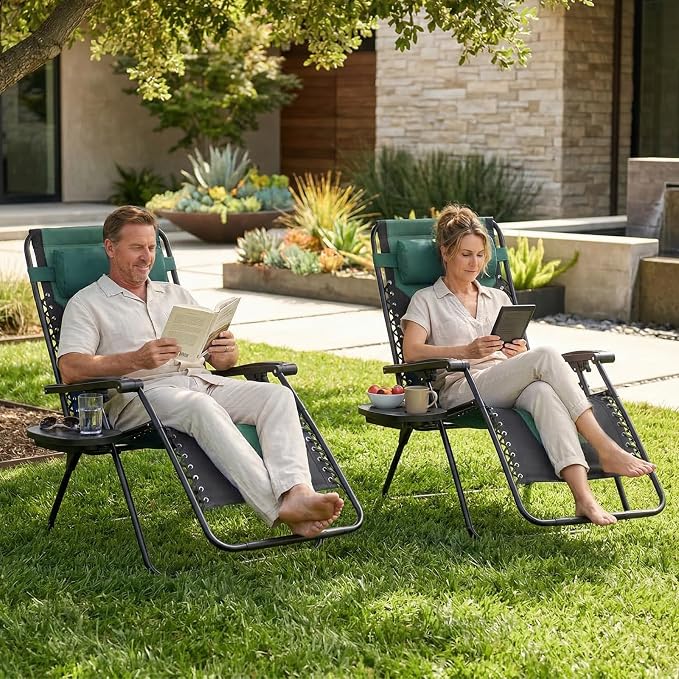Sweetcrispy Zero Gravity Chairs, Foldable Patio Reclining Chairs with Adjustable Pillow & Cup Holder, Oversized Portable Support 400 lbs, for Backyard Camping, Black-Green