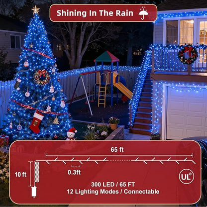 300LED 75FT Christmas Lights Indoor, LED Christmas Tree Decoration Lights with 12 Modes & Timer Memory, Dimmable Plug in Waterproof LED Xmas Light for Yard Trees Wedding Party Holiday Blue