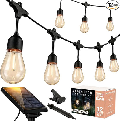 Brightech Ambience Pro 27 Ft Solar Powered Outdoor String Lights - Commercial Grade Waterproof Patio Lights with Edison Globes, Shatterproof LED String Lights for Patio - 2W, Warm White, 12 Bulbs