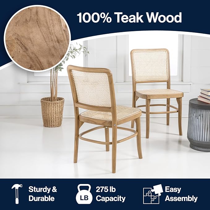 JONATHAN Y Colmar Mid-Century Natural Teak Rattan Dining Chairs Set of 2 | For Kitchen And Home Office, Woven Cane Back, Armless Side Seating, Indonesian Wood, Vintage Bohemian Style